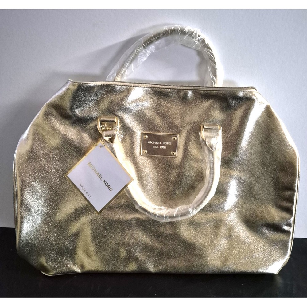 Michael Kors Metallic Gold Duffle Bag Travel Weekender Faux Leather Gift NEW